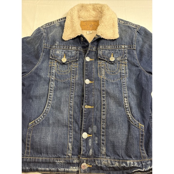 True Religion Trucker Jacket Sherpa Lined PorkChop Denim Distressed MENS MEDIUM - Picture 1 of 10